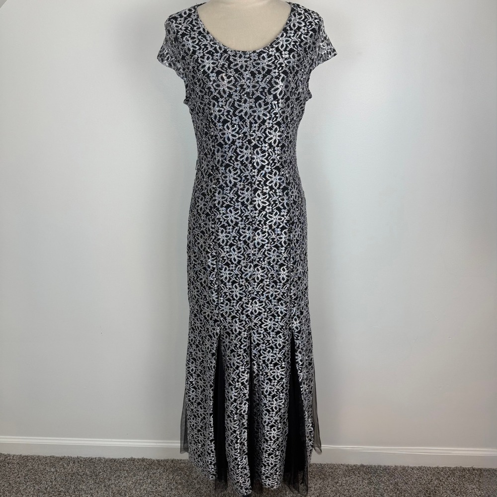 Vintage Y2K Candalite Silver Black Lace Sequin Godet Hem Evening Gown Sz Small